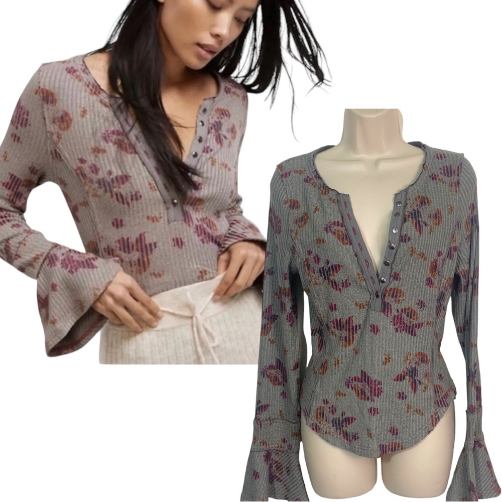 Free People Layer Me Bell Sleeve Henley Top grey floral ribbed sz S